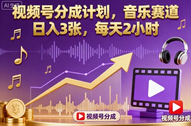 视频号分成计划，音乐赛道，日入3张，每天2小时-致富学堂