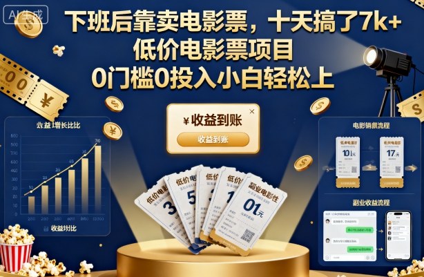 下班后靠卖电影票，十天搞了7k+，低价电影票项目，0门槛0投入小白轻松上手【揭秘】-致富学堂