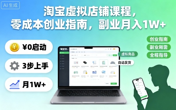 淘宝虚拟店铺课程，零成本创业指南，副业月入1W+-致富学堂