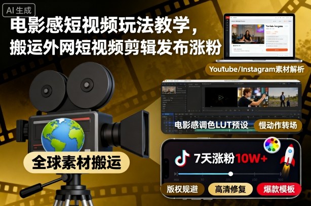 电影感短视频玩法教学，搬运外网短视频剪辑发布涨粉-致富学堂