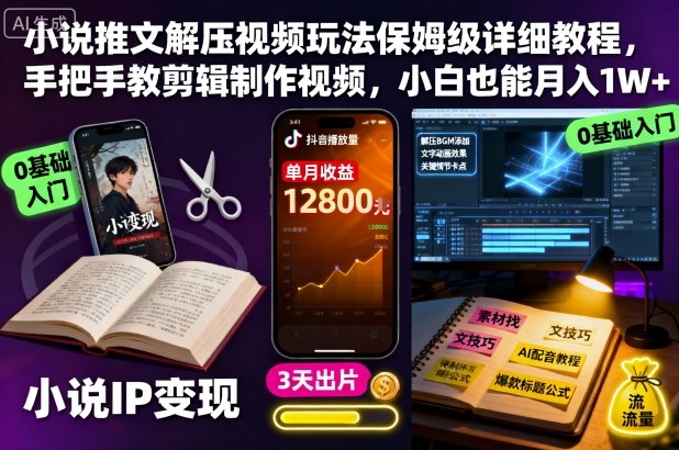 小说推文解压视频玩法保姆级详细教程，手把手教剪辑制作视频，小白也能月入1W+-致富学堂