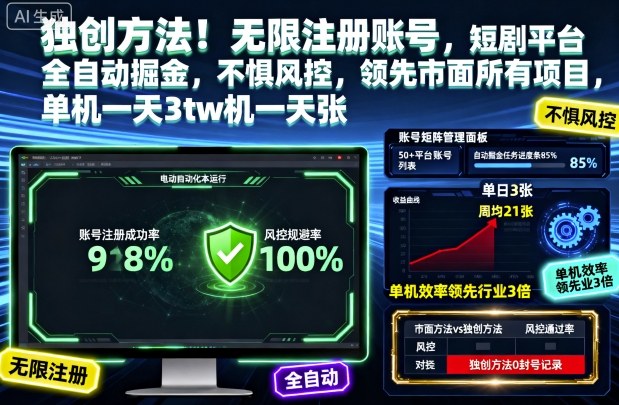 独创方法！无限注册账号，短剧平台全自动掘金，不惧风控，领先市面所有项目，单机一天3张【揭秘】-致富学堂