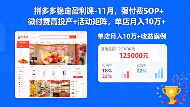 （16473期）拼多多稳定盈利课-11月，强付费SOP+微付费高投产+活动矩阵，单店月入10万+-致富学堂
