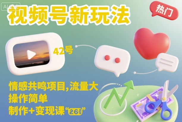 视频号新玩法，情感共鸣项目，流量大，操作简单，制作+变现课-致富学堂