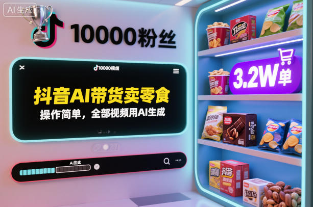 抖音AI带货卖零食，操作简单，全部视频用AI生成，一万粉丝，卖了3.2W单-致富学堂