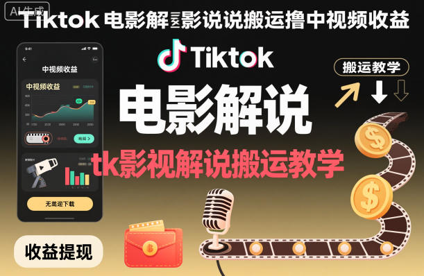 Tiktok电影解说搬运撸中视频收益，tk影视解说搬运教学-致富学堂
