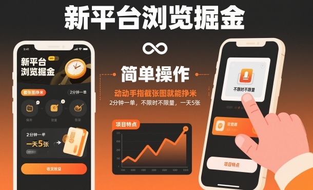 新平台浏览掘金，动动手指截张图就能挣米，2分钟一单，不限时不限量，一天5张【揭秘】-致富学堂