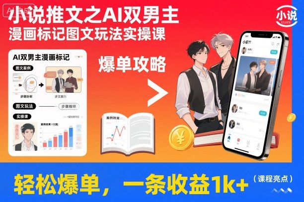 小说推文之AI双男主漫画标记图文玩法实操课，轻松爆单，一条收益1k+-致富学堂