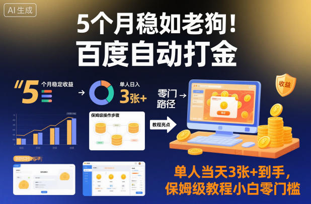 5个月稳如老狗！百度自动打金，单人当天3张+到手，保姆级教程小白零门槛【揭秘】-致富学堂