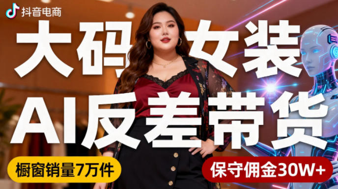抖音小众赛道，大码女装AI反差带货，不用直播，每天6条作品，橱窗卖7万件，保守佣金30W+-致富学堂