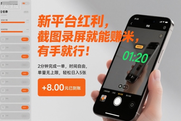 新平台红利，截图录屏就能賺米，有手就行！2分钟完成一单，时间自由，单量无上限，轻松日入5张【揭秘】-致富学堂