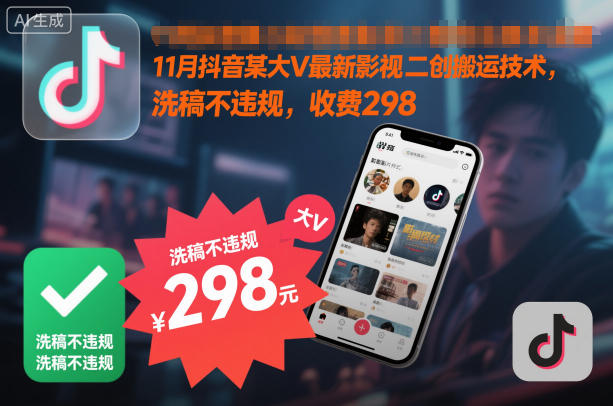 11月抖音某大V最新影视二创搬运技术，洗稿不违规，收费298-致富学堂