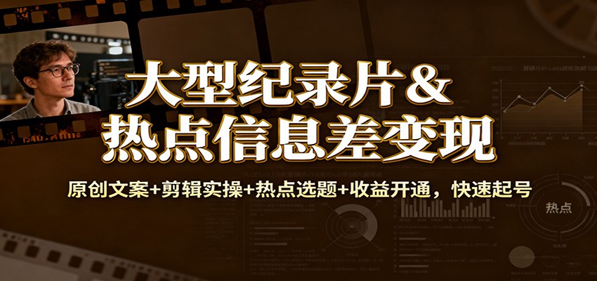 大型纪录片&热点信息差变现：原创文案+剪辑实操+热点选题+收益开通，快速起号-致富学堂