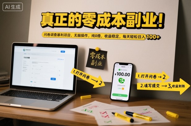 真正的零成本副业！问卷调查暴利项目，无脑操作，纯0撸，收益稳定，每天轻松日入100+【揭秘】-致富学堂