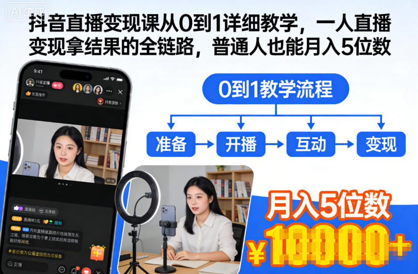 抖音直播变现课从0到1详细教学，一人直播变现拿结果的全链路，普通人也能月入5位数-致富学堂
