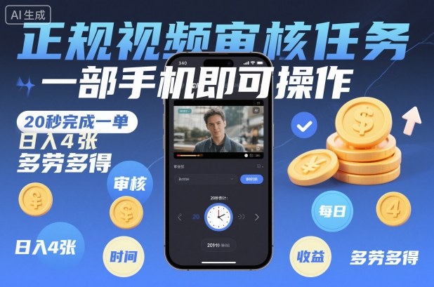 正规视频审核任务，一部手机即可操作，20秒完成一单，日入4张，多劳多得【揭秘】-致富学堂