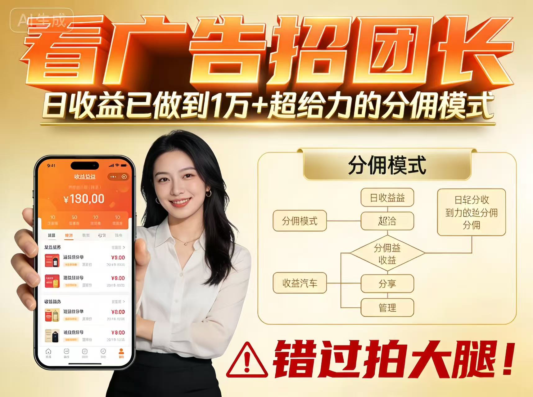 看广告招团长，团队收益已做到日入1万，分佣模式超给力，错过拍大腿-致富学堂