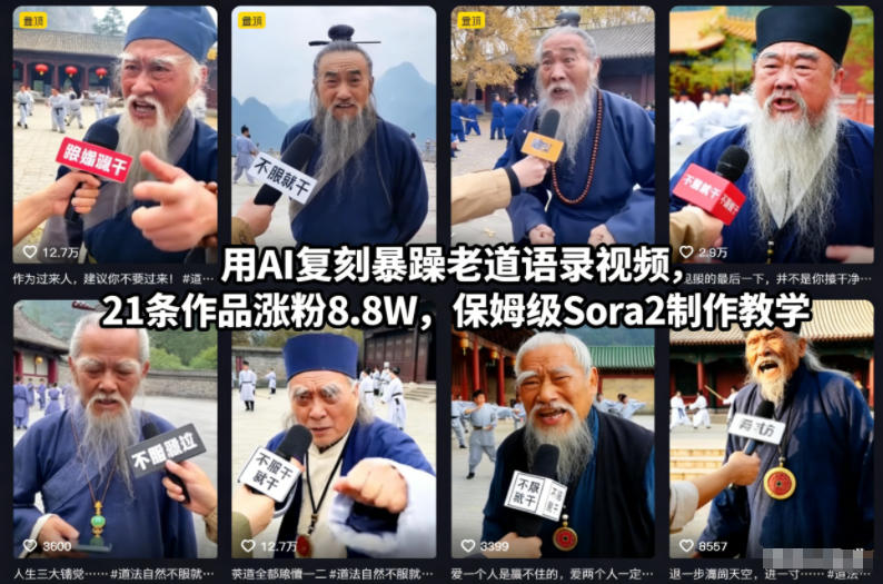 用AI复刻暴躁老道语录视频，21条作品涨粉8.8W，保姆级Sora2制作教学-致富学堂
