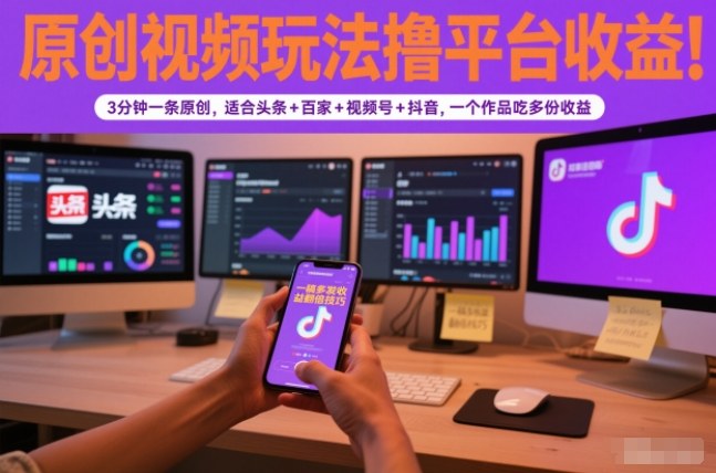 原创视频玩法撸平台收益，3分钟一条原创，适合头条+百家+视频号+抖音，一个作品吃多份收益-致富学堂