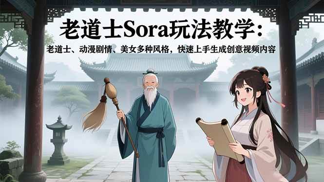 （16862期）老道士Sora玩法教学：老道士、动漫剧情、美女多种风格，快速上手生成创意视频内容-致富学堂