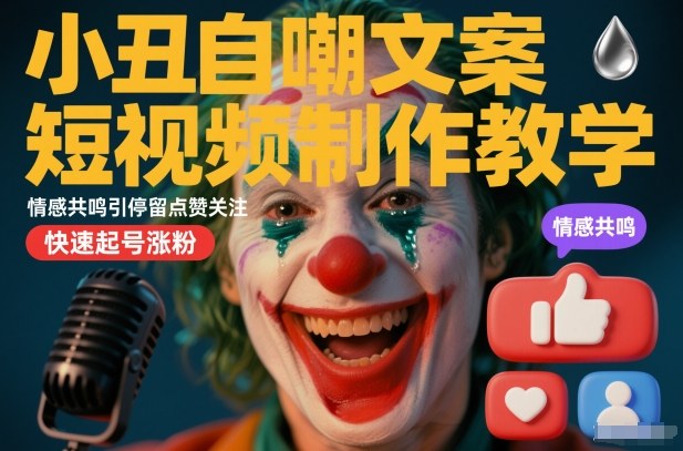 小丑自嘲文案短视频制作教学，情感共鸣引停留点赞关注，快速起号涨粉-致富学堂