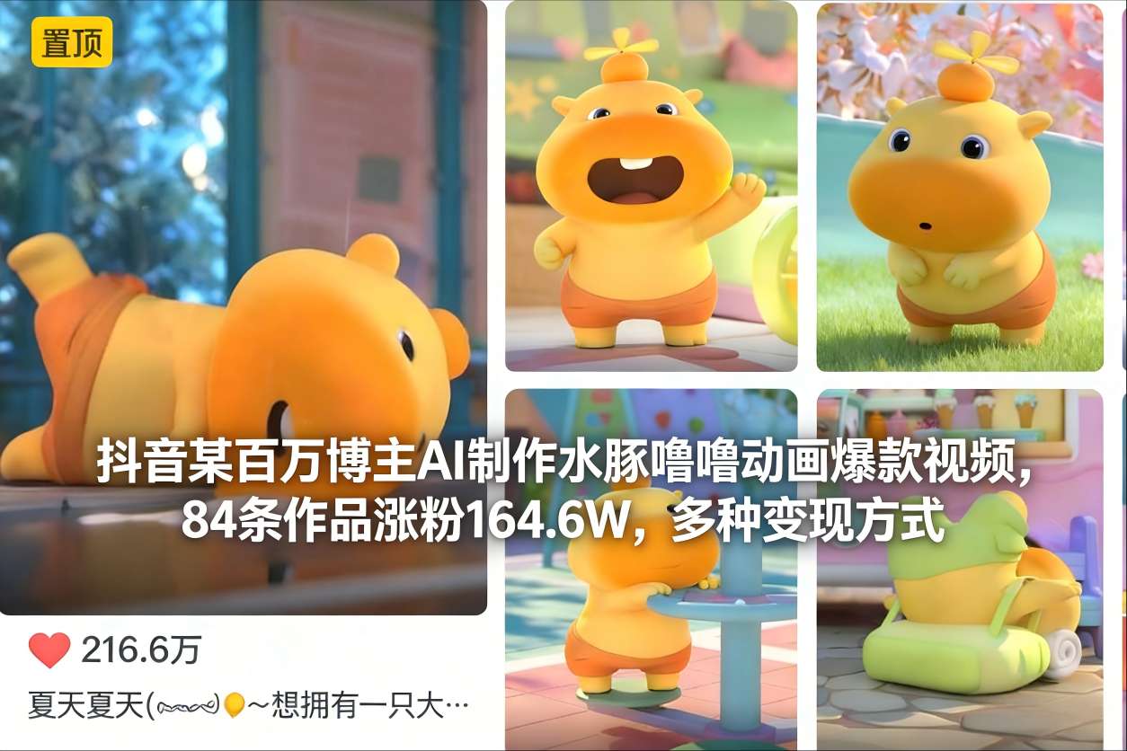 抖音某百万博主AI制作水豚噜噜动画爆款视频，84条作品涨粉164.6W，多种变现方式-致富学堂