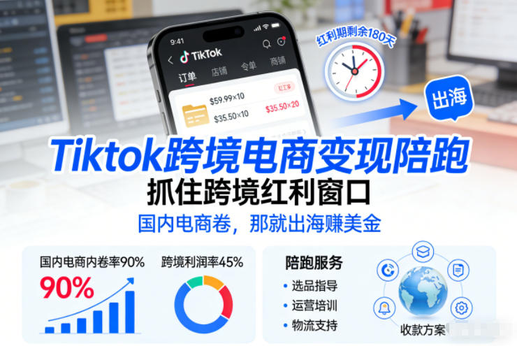 Tiktok跨境电商变现陪跑，抓住跨境红利窗口，国内电商卷，那就出海賺美金-致富学堂