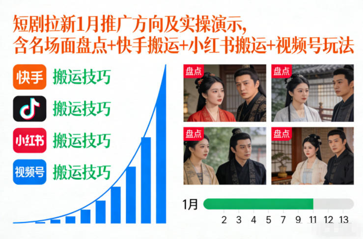 短剧拉新1月推广方向及实操演示，含名场面盘点+快手搬运+小红书搬运+视频号玩法-致富学堂